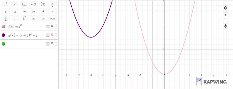 What will the equation be if f(x)= x^2 is translated 6 units left and 3 units up?-example-1