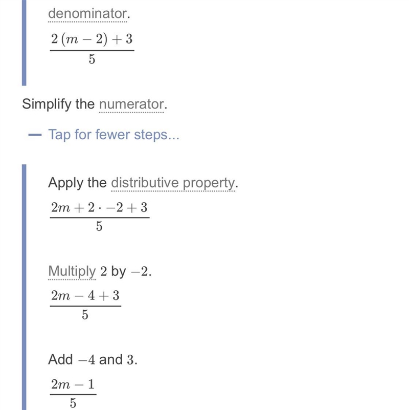 What is 2( 1/5 m - 2/5) + 3/5 pls help me.-example-1