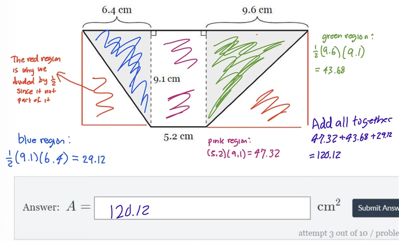 What is the total area, in square centimeters, of the shaded sections of the trapezoid-example-1