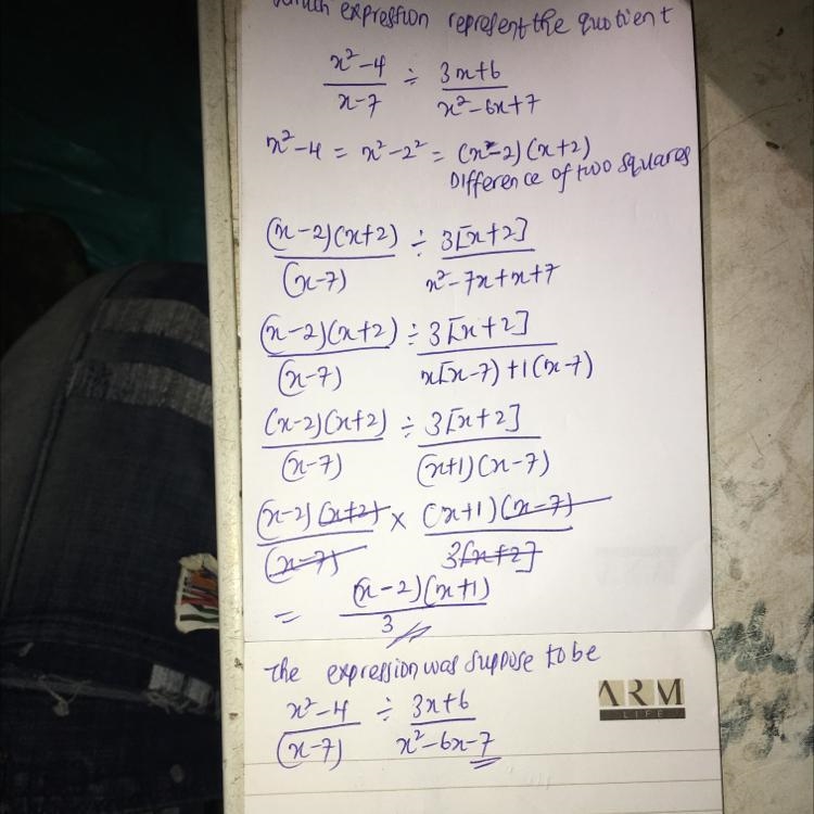 Which expression represents the quotient of (x^2-4)/(x-7)/(3x+6)/(x^2-6x+7)-example-1