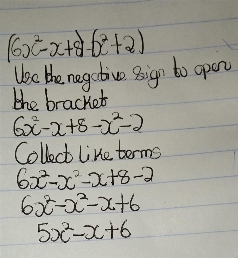 Question 3 of 10 Subtract these polynomials. (6x²-x+ 8) - (x² + 2) =-example-1