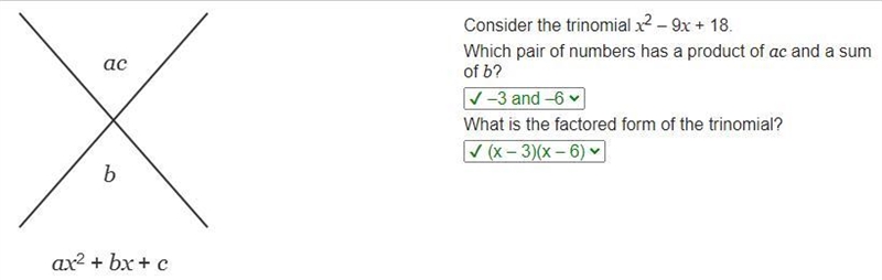 Consider the trinomial x2 – 9x + 18. Which pair of numbers has a product of ac and-example-1