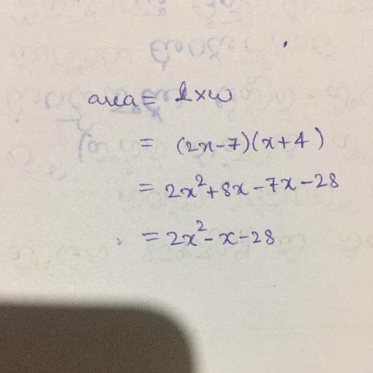 If the width of a rectangle can be represented by x + 4 and the length 2x - 7, write-example-1