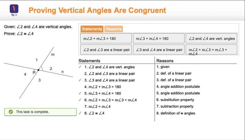 Given: angle 2 and angle 4 are vertical angles Prove: angle 2 congreunt angle 4-example-1