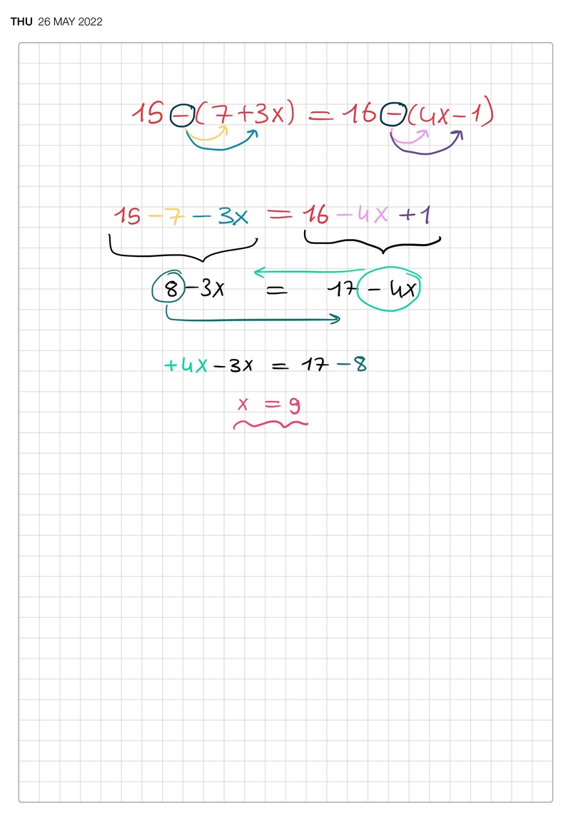 15-(7+3x)=16-(4x-1) please give me a step by step answer, I don't understand the rules-example-1