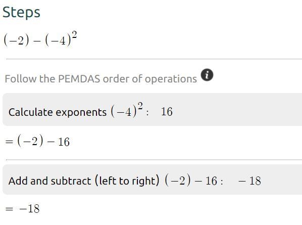 Show work on paper! Evaluate the expression: (-2)-(-4)²-example-1