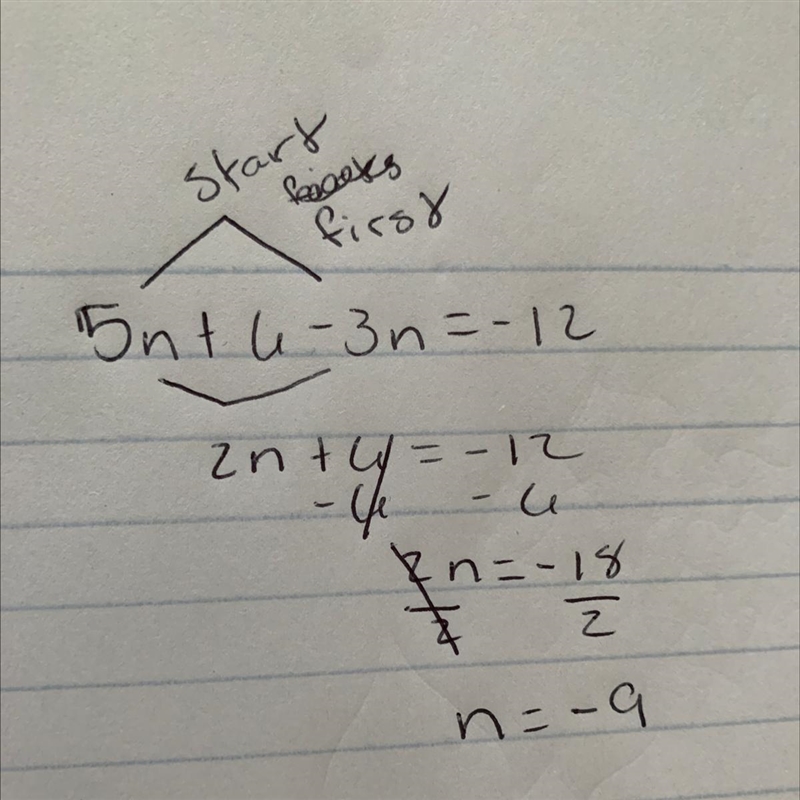 5n + 6 - 3n = -12 Step by step help me out-example-1