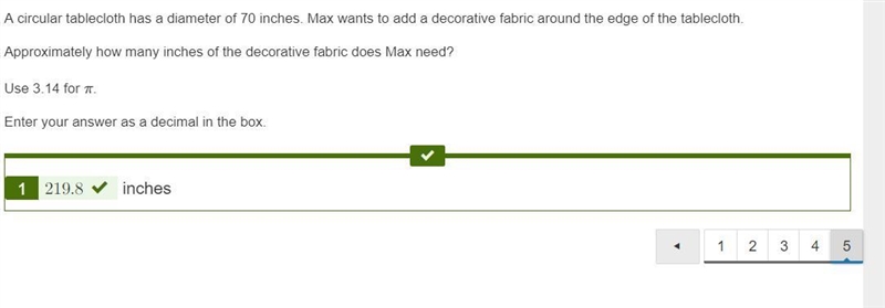 A circular tablecloth has a diameter of 70 inches. Max wants to add a decorative fabric-example-1