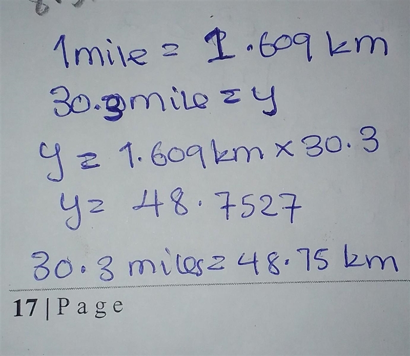 A park is a distance of 30.3 miles from a stadium. how many kilometers is that? round-example-1