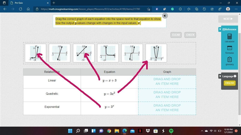 Drag the correct graph of each equation into the space next to that equation to show-example-1