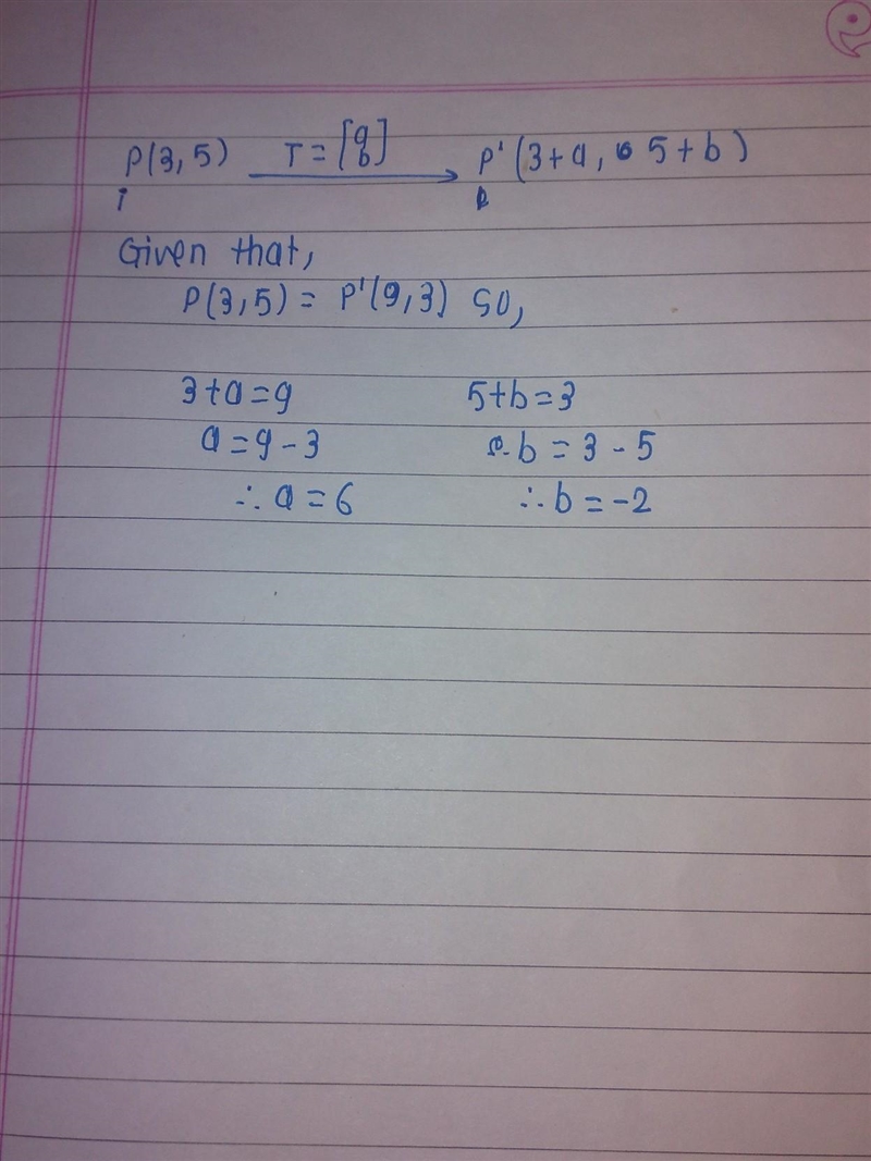 If the image of point P(3,5) is (9,3) when translated by T(a,b) , find the value of-example-1