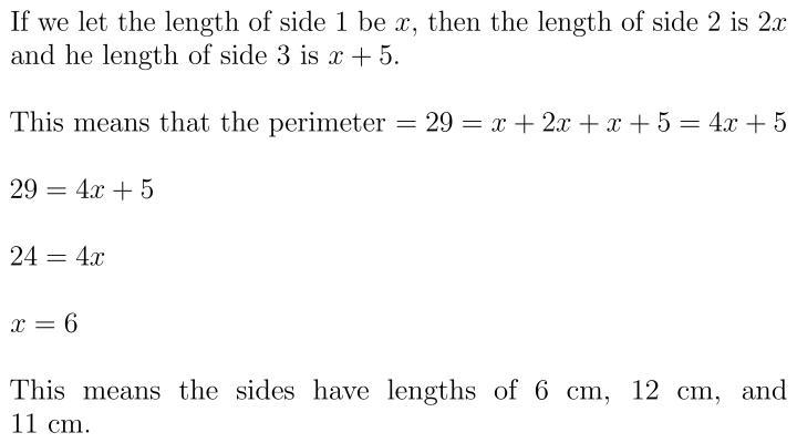 The perimeter of a triangle is 29cm. The length of side 2 is double the length of-example-1