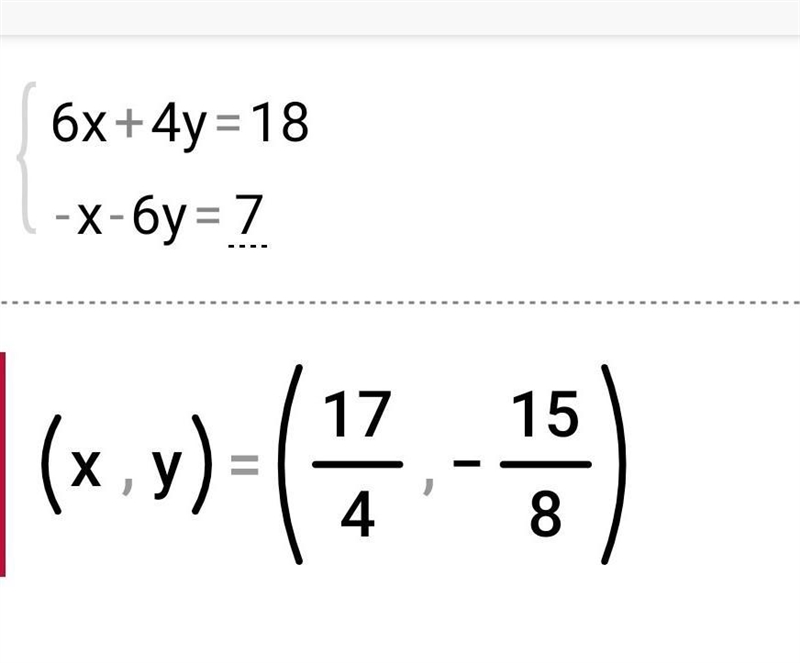 What is this equation 6x-4y=18 and -x-6y=7-example-1