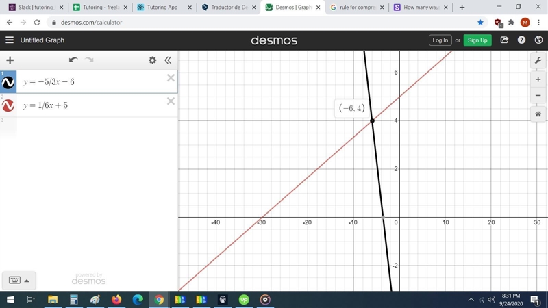 Y=-5/3x-6 y=1/6x+5 solve each system of equations below by graphing. identify the-example-1