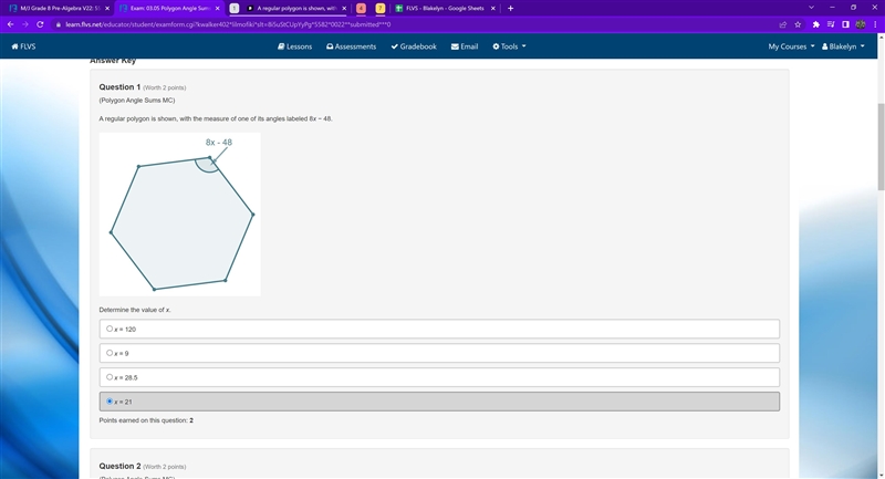 A regular polygon is shown, with the measure of one of its angles labeled 8x − 48. I-example-1