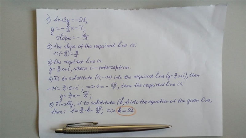 The slope of the line passing through the points (k, 1) and (5, -11) is perpendicular-example-1