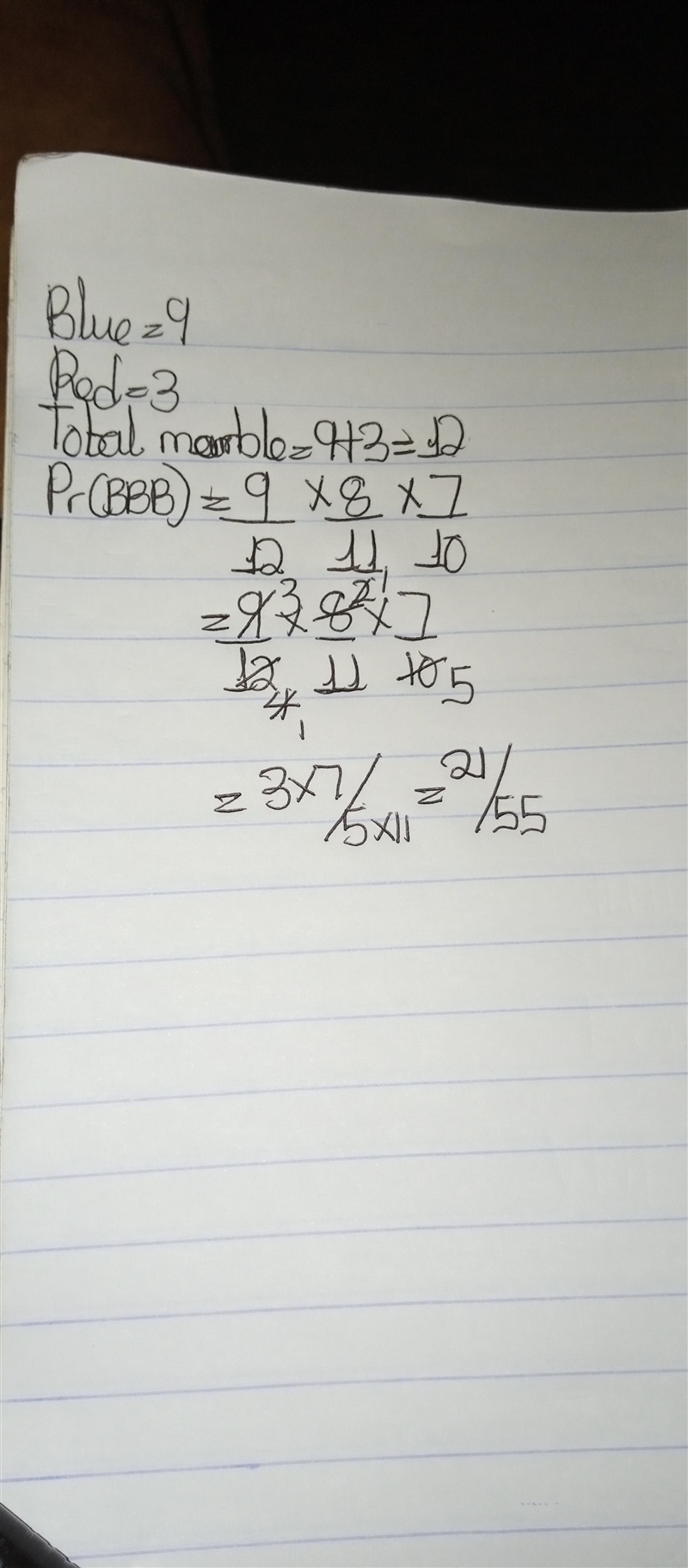 A bag contains 9 blue marbles and 3 red marbles. You draw three marbles without replacement-example-1