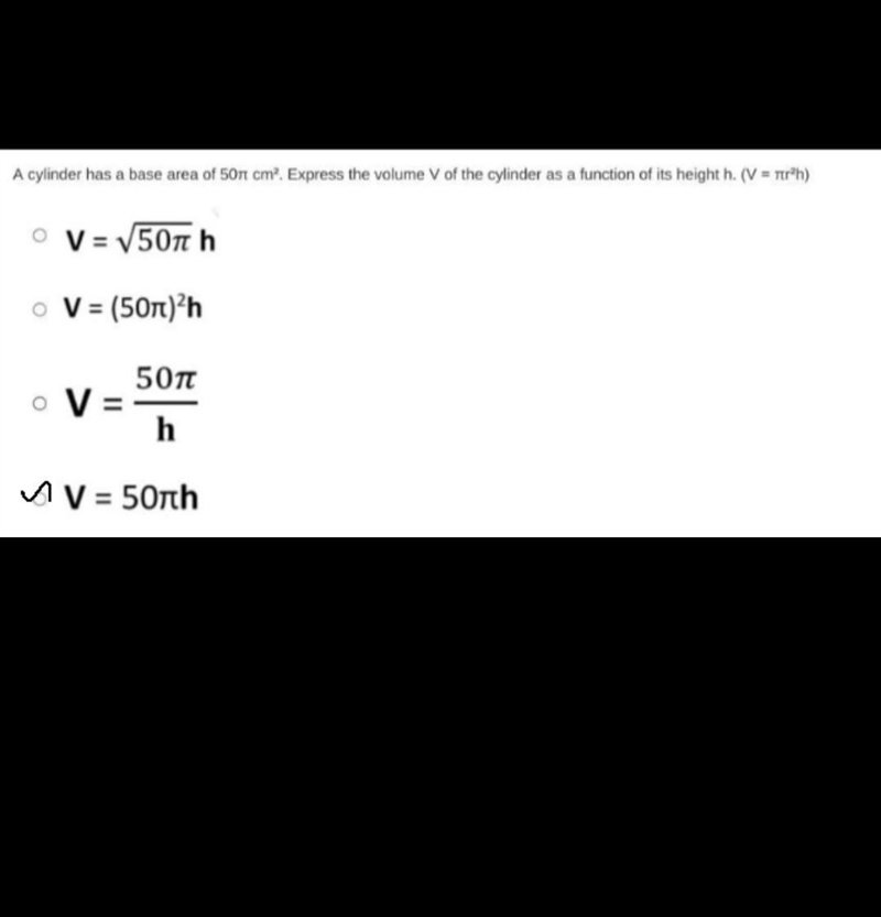 A cylinder has a base area of 50π cm². Express the volume V of the cylinder as a function-example-1