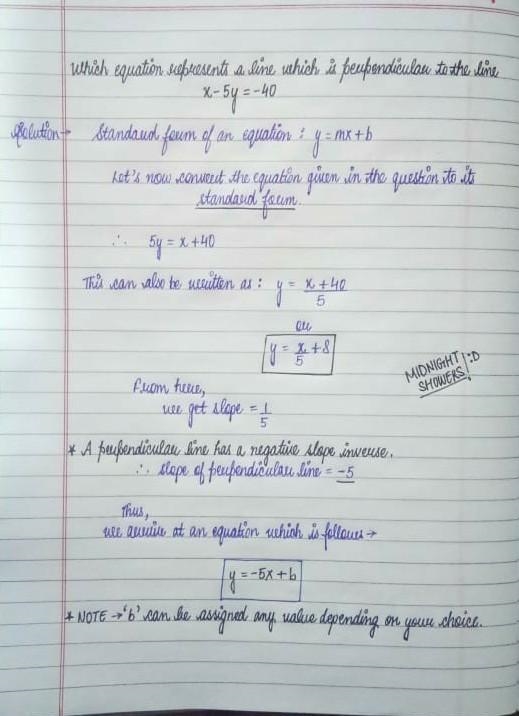 Which equation represents a line which is perpendicular to the line x-5y=-40-example-1