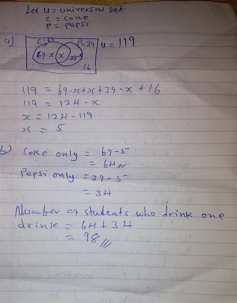 16. Out of 119 student, it was found that 16 drink neither coke nor pepsi, 69 drinks-example-1