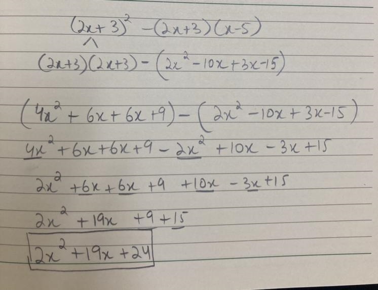 (24d) Part 1: Past Paper 3 H Question No. 9: Simplify (2x + 3)² − (2x + 3)(x - 5) Give-example-1