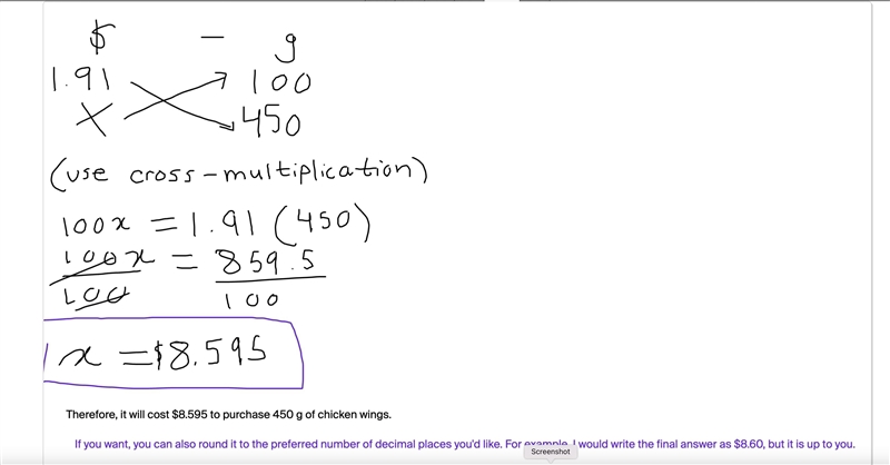 If chicken wings costs $1.91 for 100 g, how much will it cost to buy 450 g of chicken-example-1