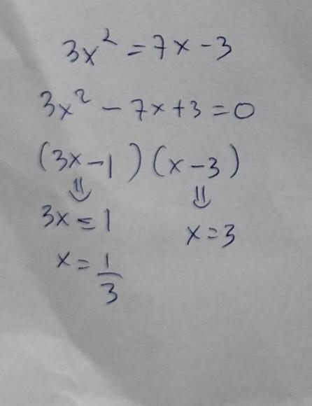 Which of the following is a solution of 3x^2=7x-3-example-1