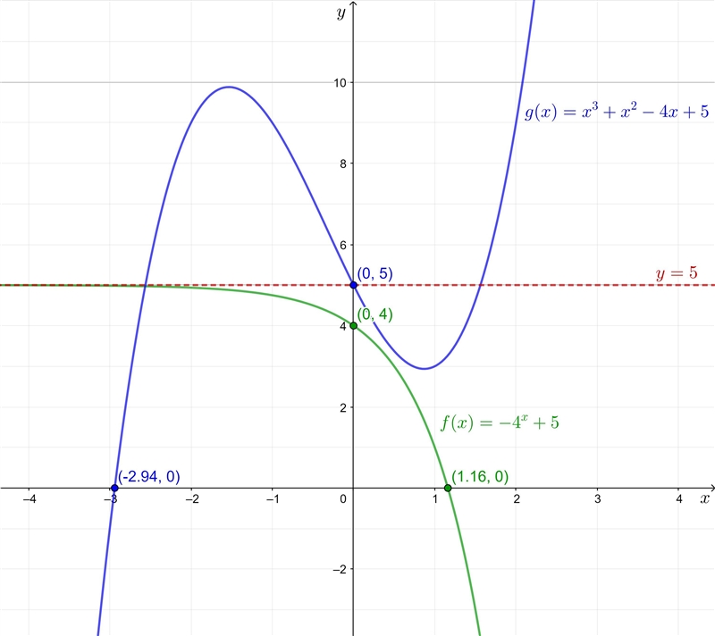 Given the functions f(x) = –4ˣ + 5 and g(x) = x³ + x² – 4x + 5, what type of functions-example-1