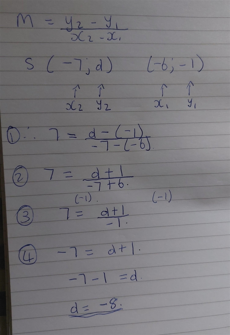 S (-7, d) and (-6, -1) has a slope of 7.-example-1