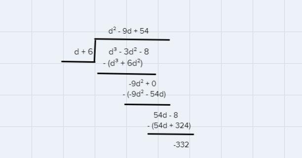 Divide (d^3−3d^2−8)÷(d+6).-example-1