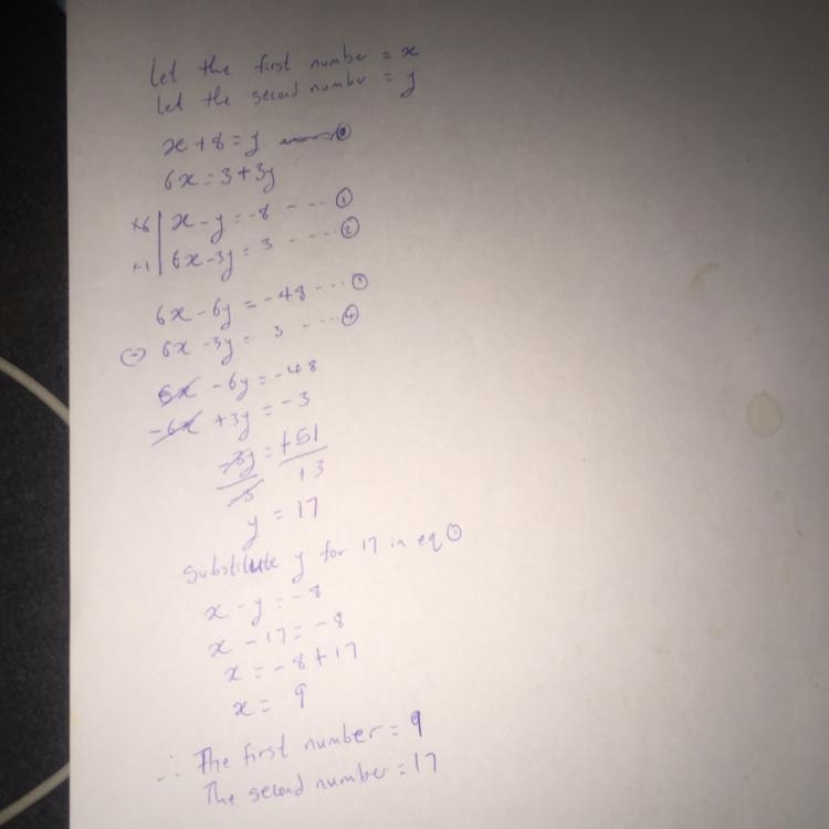 One number is eight less than a second number. Six times the first is 3 more than-example-1