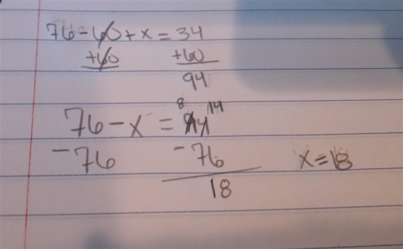 What is x in 76-60+x= 34-example-1