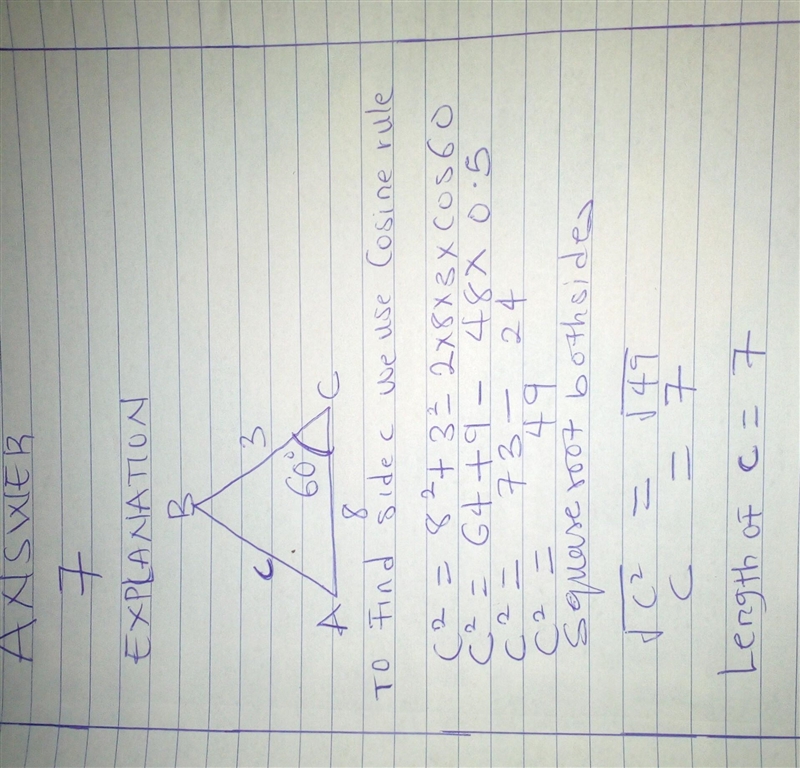 In AABC, a = 3, b = 8, and m/C= 60. Find the length of side c-example-1