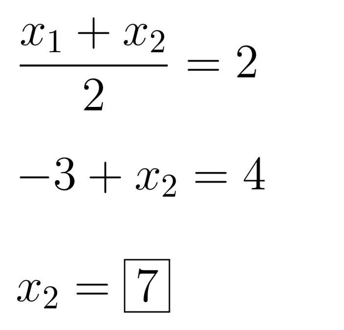 The midpoint of EF is M(2, -3). One endpoint is E(-3, 2). What is the x-value of the-example-1