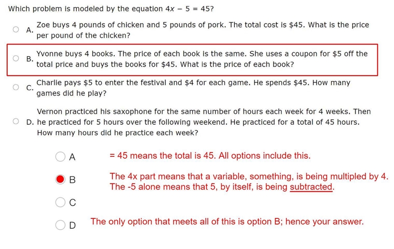 Which problem is molded by the equation 4x-5=45?-example-1