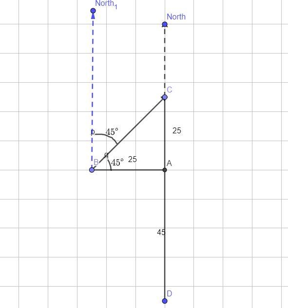 ABC and D are four towns B is 25km due east of A C is 25km due north of A D is 45km-example-1