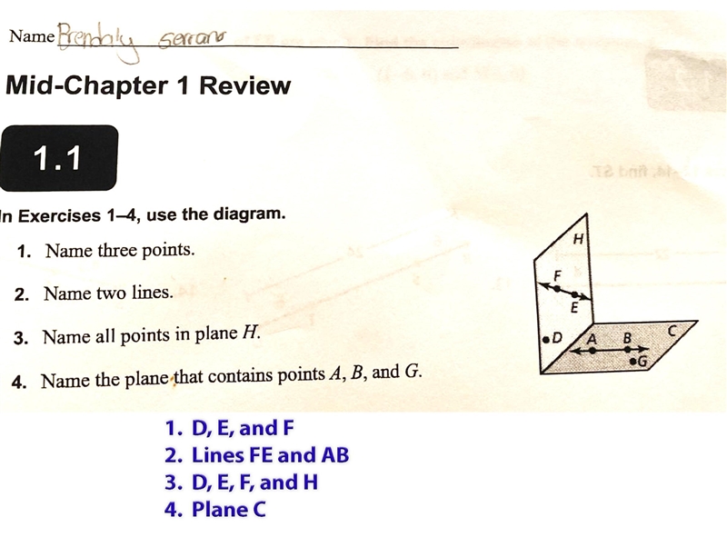 1.ñame there points 2 ñame two lines 3 name all points in plane H 4 name the plane-example-1