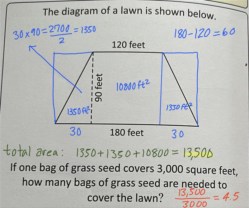 The diagram of a lawn is shown below. If one bag of grass seed covers 3,000 square-example-1