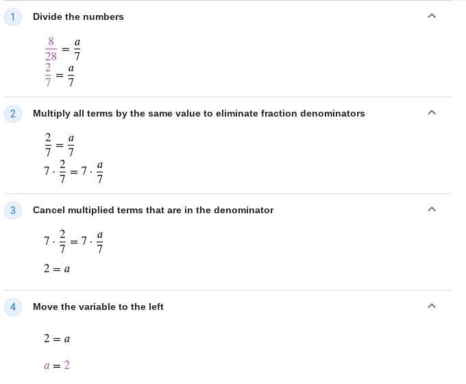 8/28 = a/7 solve proportion-example-1