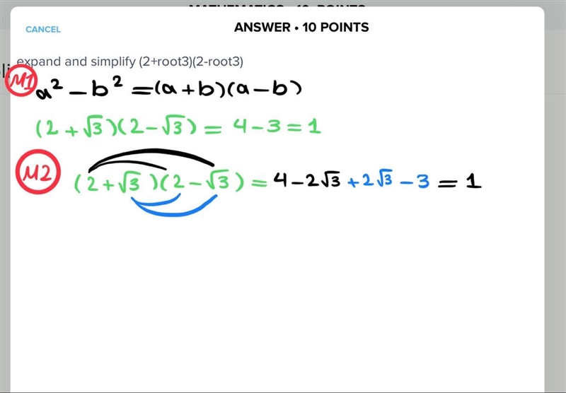 Expand and simplify (2+root3)(2-root3)-example-1