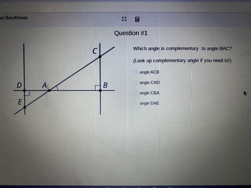 Which angle is a complementary to angle BAC?-example-1