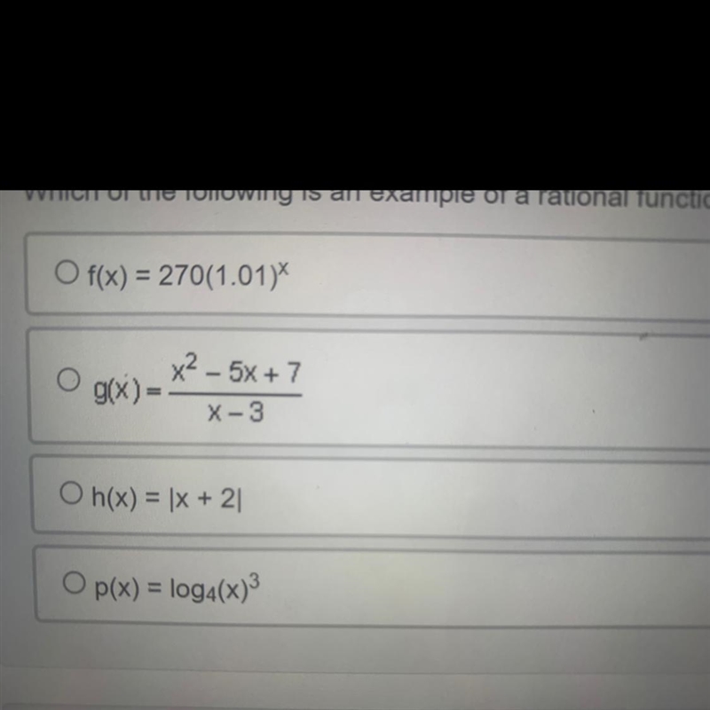 Which of the following is an example of a rational function?-example-1