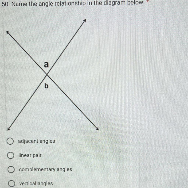 Name the angle relationship in the diagram below: O adjacent angles O linear pair-example-1