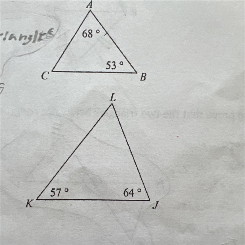 Please help me smart peeps Determine if the two triangles below are similar and state-example-1