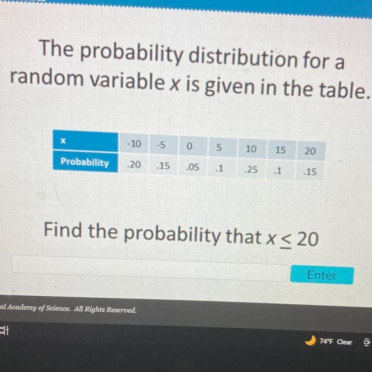 X Probability -10 -5 .20 .15 0 .05 5 .1 .25 .1 10 15 20 .15 Find the probability that-example-1