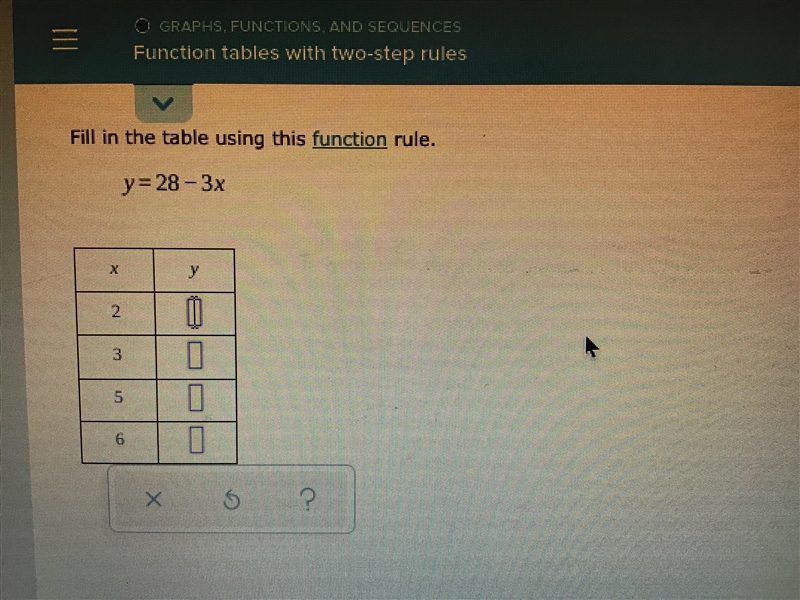 Fill in the table using this function rule y=28-3x-example-1