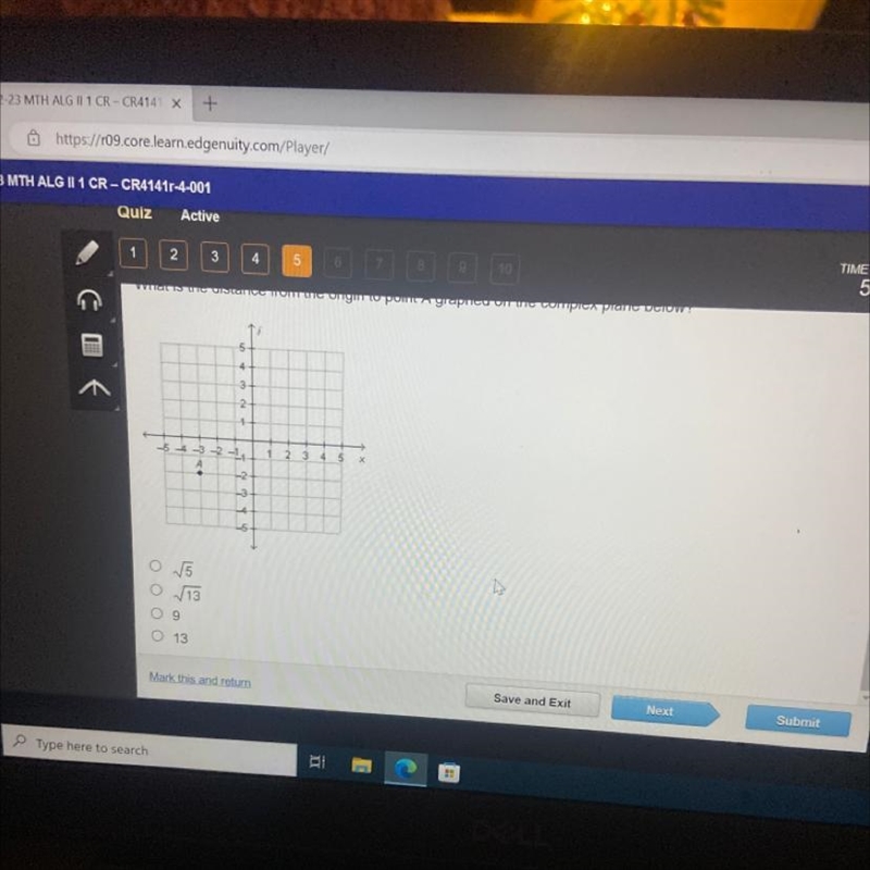 What is the distance from the origin to pint A graphed on the complex plane below-example-1