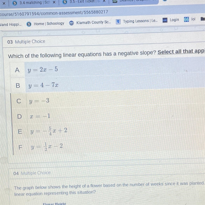 Find out which of the linear equations below have a negative slope (select all found-example-1