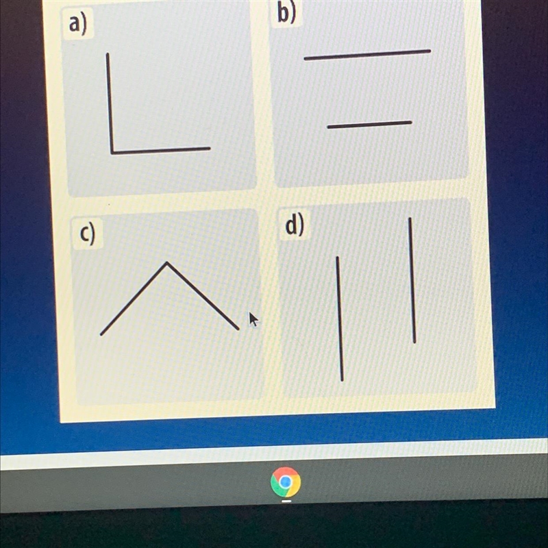 For each diagram,write down whether the line segments are parallel,perpendicular or-example-1