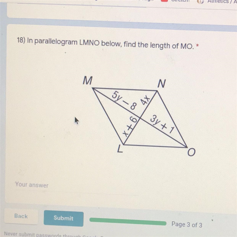 HELP! In parallelogram LMNO below, find the length of MO.-example-1